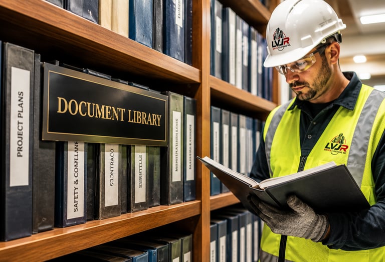 tradesman reading books in a library
