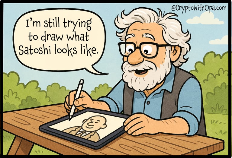 Old man caricature artist with iPad drawing Satoshi.