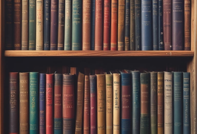 Vintage hardcover books with colorful spines organized on tall wooden library bookshelves.