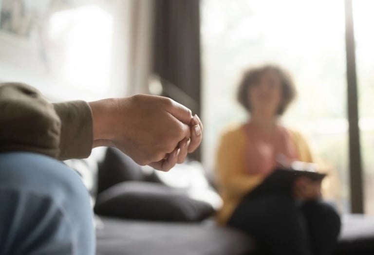 Gros plan des mains d'une personne en séance de thérapie, avec une personne qui prend des notes en arrière-plan.