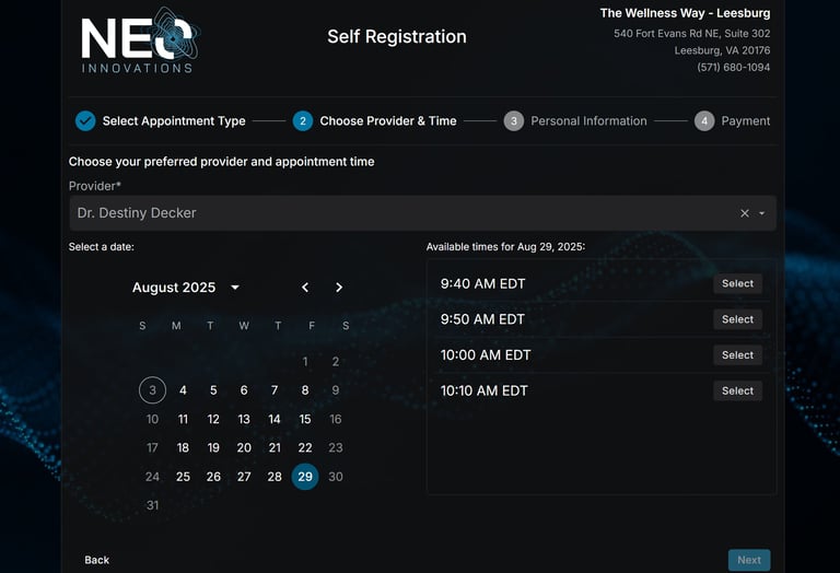 Self registration selecting date and time