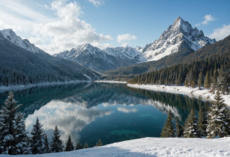 A view of a lake, forest and mountains