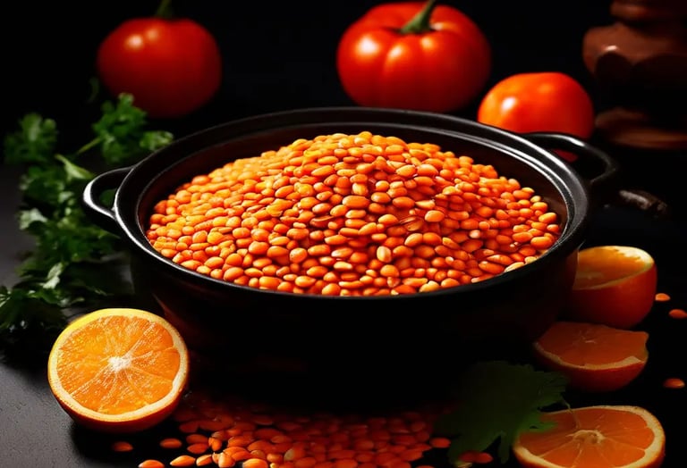 Un plat de lentilles corail sur une table.