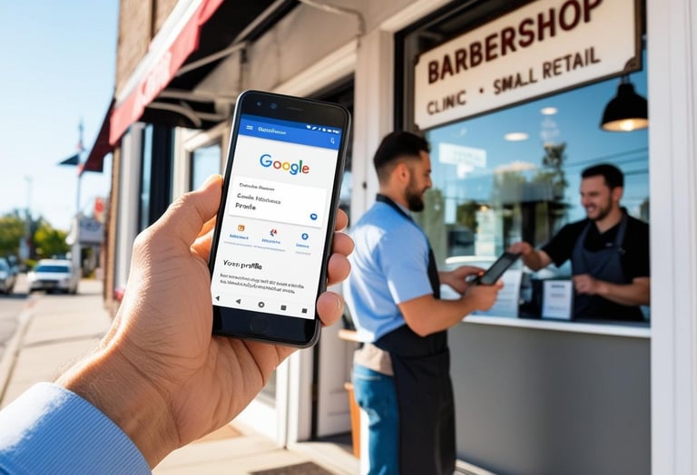 a man holding a phone in front of a barber shop after finding the business on Google