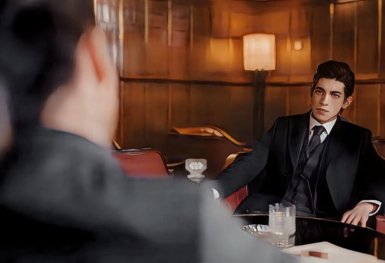 a man in a suit and tie sitting at a table