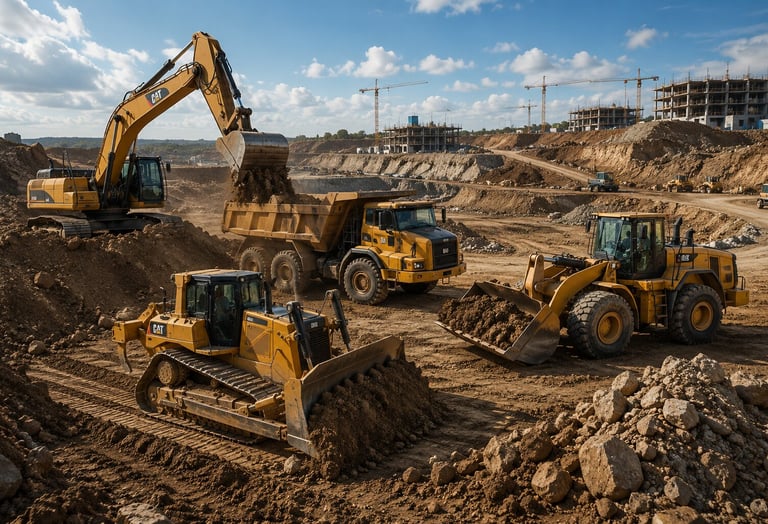 Heavy earthmoving equipment operating on a large-scale construction project