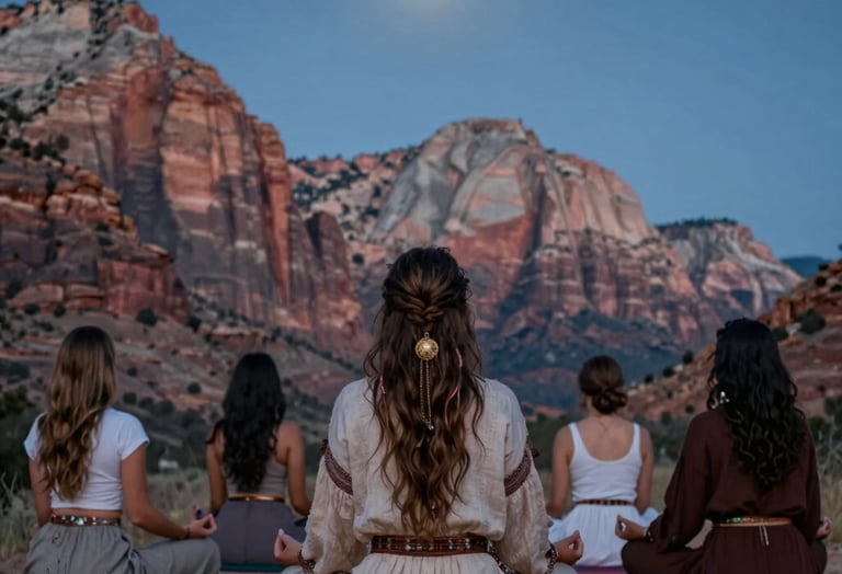 A person sitting cross-legged on a rock, meditating at sunset with mountains in the background.