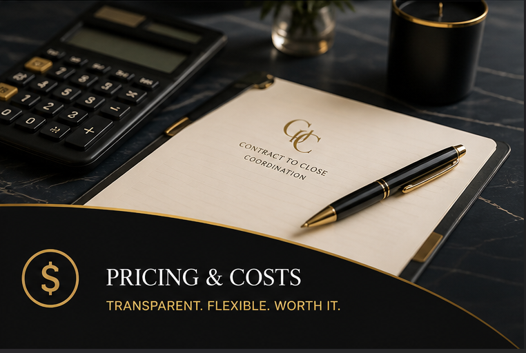 Professional contract to close coordination pricing guide with a calculator, pen, and folder on a desk.
