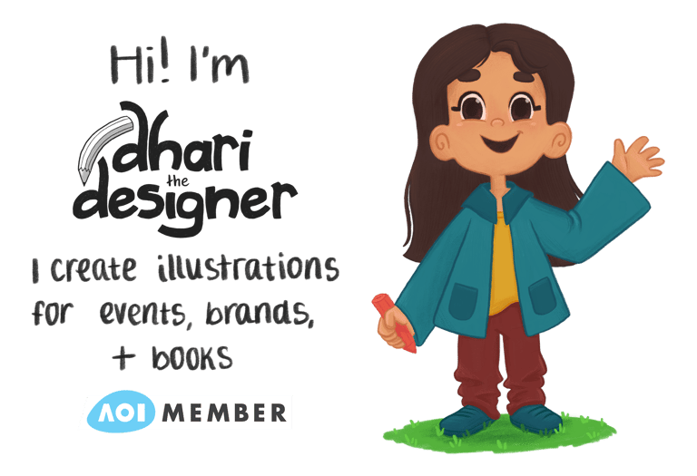 a cartoon character waving with a pencil, dhari the designer logo and AOI member badge