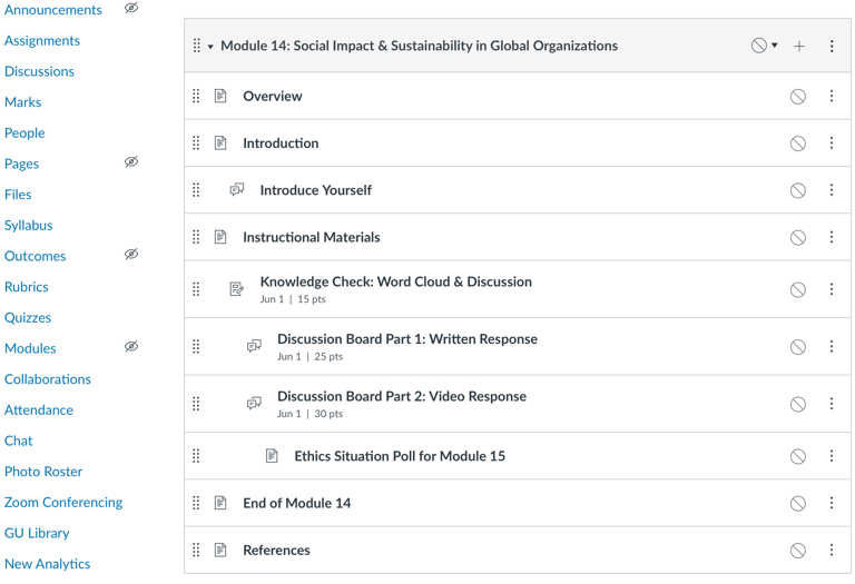 Canvas Instructure learning module about social impact