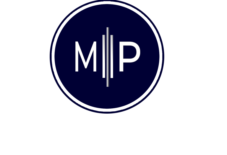 Macy & Peters professional law firm logo featuring a blue circular MP monogram on a black background.