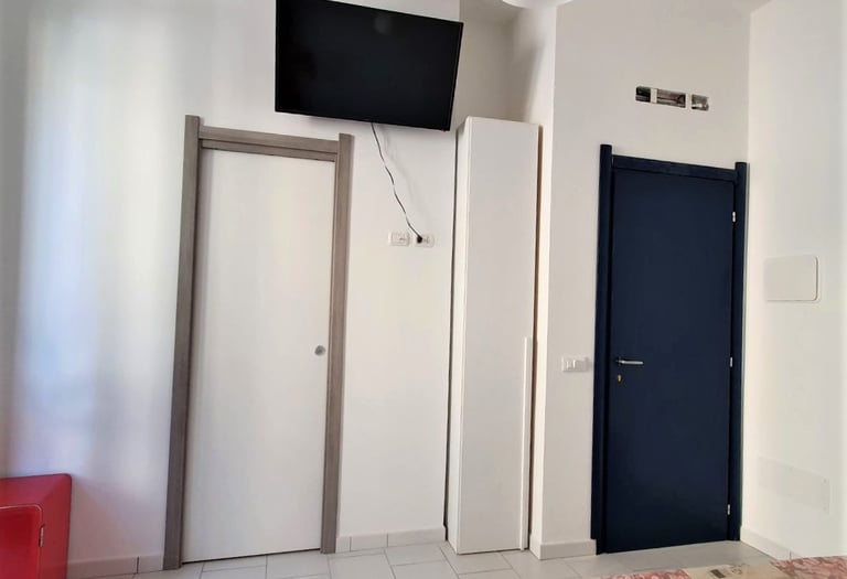 a bedroom with a television and a television