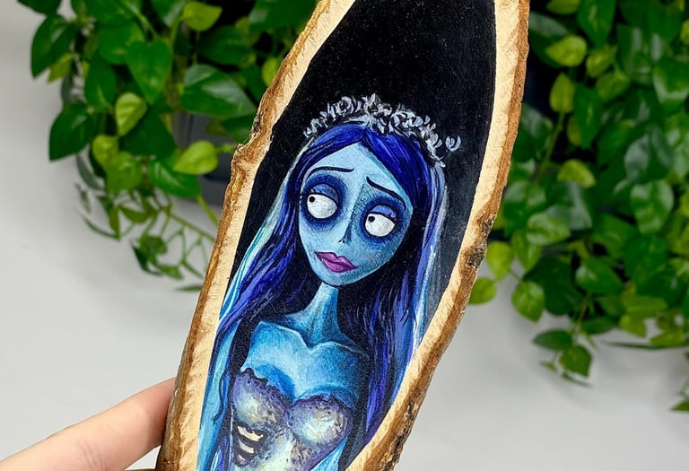 hand paint acrylic on a wooden piece corpse bride