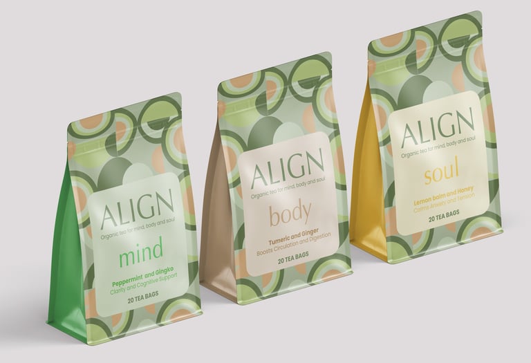 Align tea pouches showing mind, body and soul blends with geometric pattern design