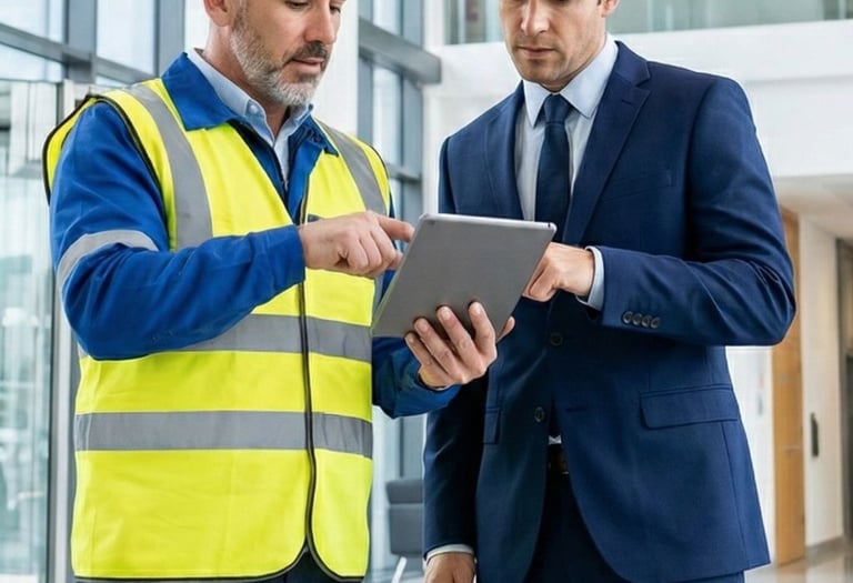 Supervisor de calidad realizando control periódico de servicios de mantenimiento y limpieza - Valkiria elite global service