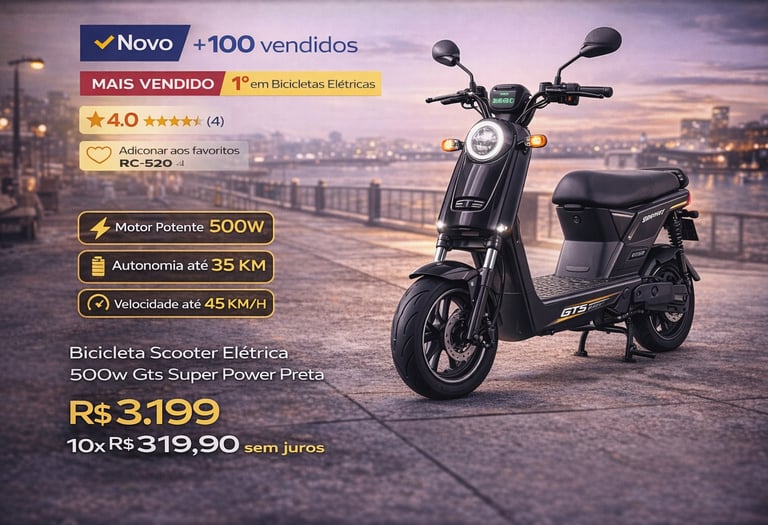 Black GTS Super Power 500W electric scooter bicycle parked on a city pier at sunset.