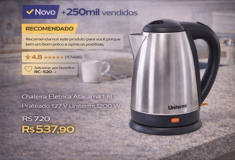Unitermi Atacama 1.8L silver electric kettle on a granite countertop with pricing and ratings.