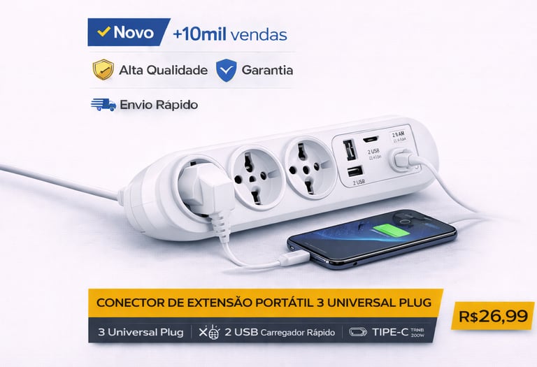 Extension cord power strip with three universal outlets, dual USB ports, and USB-C fast charging a smartphone.