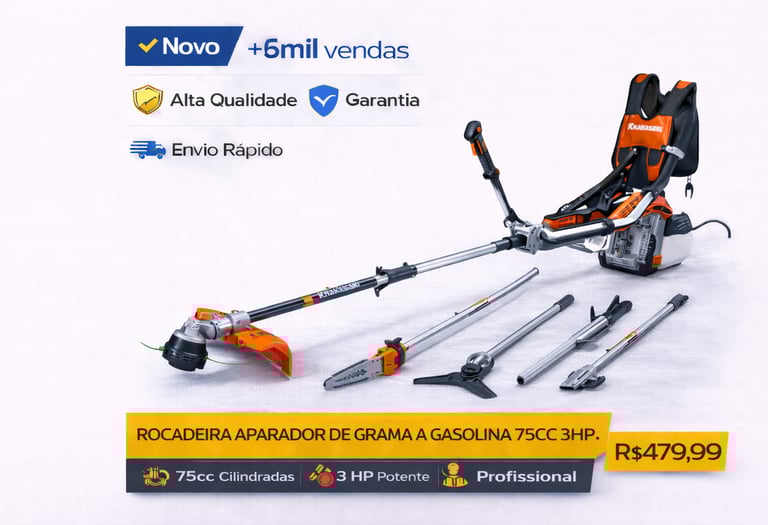 Roçadeira e aparador de grama a gasolina 75cc 3HP profissional com acessórios e mochila.