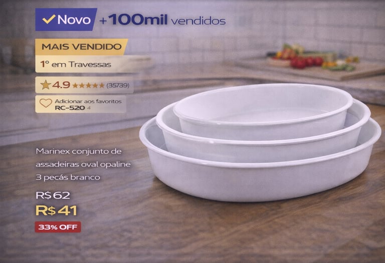 Conjunto Marinex de 3 assadeiras ovais brancas opaline em promoção.