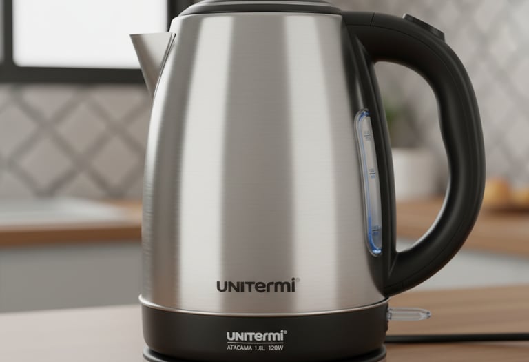 Unitermi Atacama stainless steel electric kettle with 1.8L capacity on a kitchen countertop.