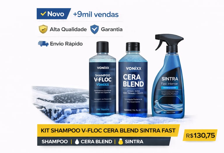 Kit Vonixx featuring V-Floc car shampoo, Cera Blend wax, and Sintra Fast interior cleaner for professional car detailing.