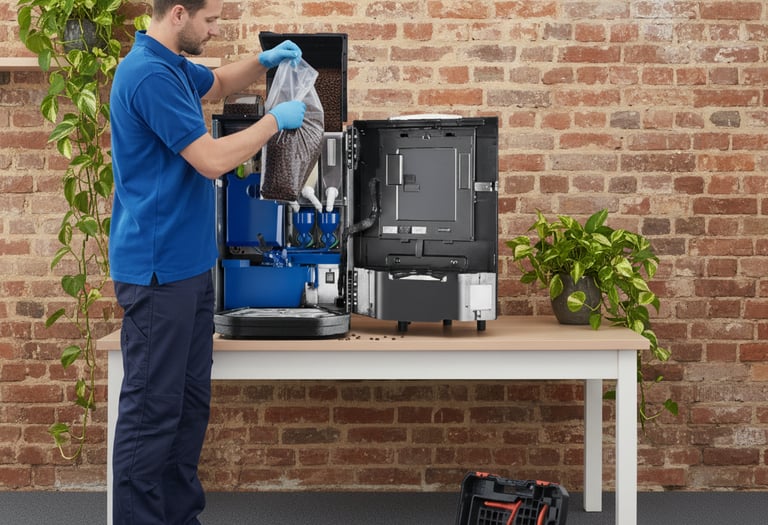 Técnico realizando reposición de insumos en máquina de café de empresa - Tomaluba