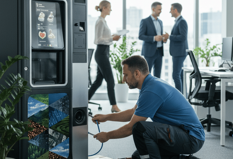 Empleados en oficina usando máquina de café vending - instalación Tomaluba Buenos Aires