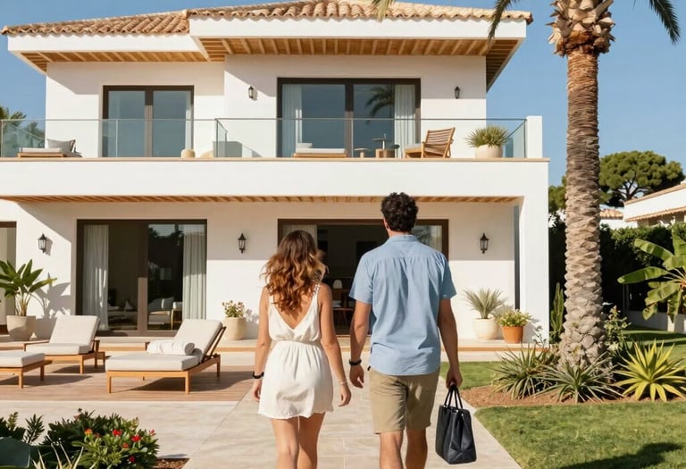 A welcoming real estate agent greeting a happy family in front of a charming home.