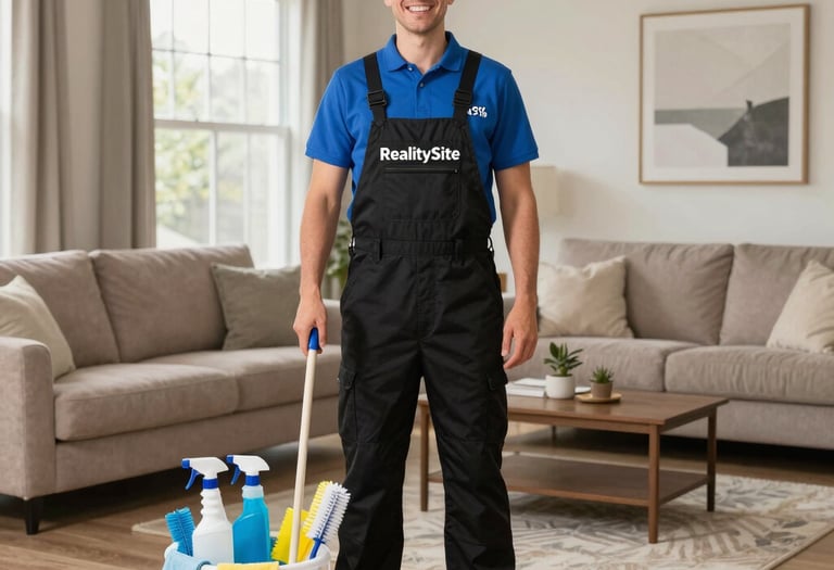 A friendly team member cleaning a modern kitchen in a bright home, preparing it for a showing.