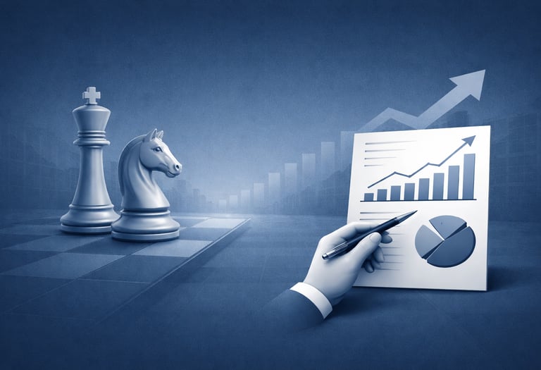 Business strategy concept showing chess pieces and a financial growth chart for planning and analysis.