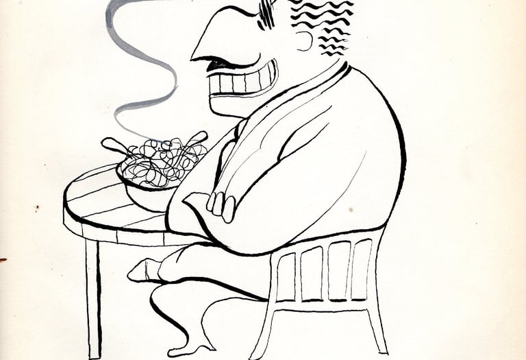 “Black-and-white line drawing of a stylized, cartoonish man with an exaggerated long nose and wide g