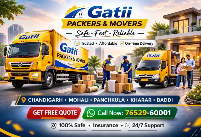 Gatii Packers and Movers yellow trucks and staff providing professional home relocation services in Chandigarh.