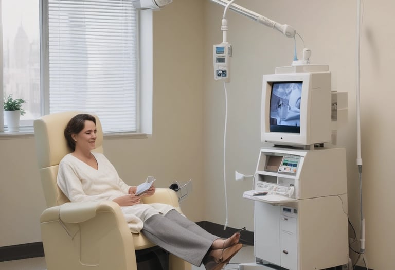 a woman in a chair with a laptop and a monitor
