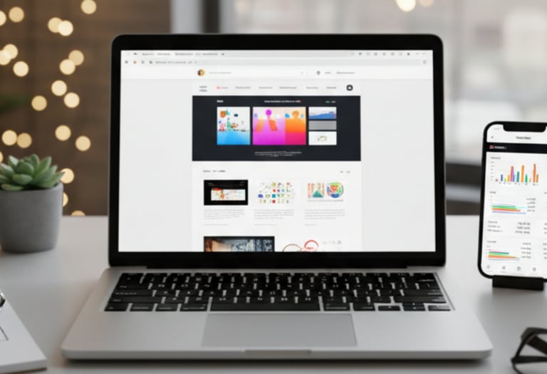 Responsive website design displayed on a laptop and smartphone on a modern office desk with coffee.