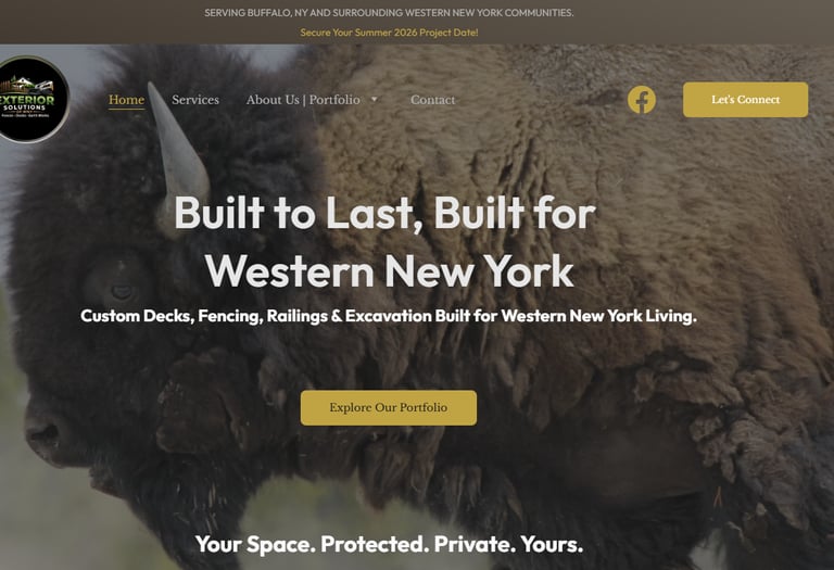 Website design for Exterior Solutions of WNY showing contractor homepage for decks, fencing, railing