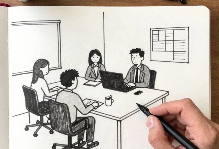 Modern office workspace with a team collaborating on administrative software on laptops.