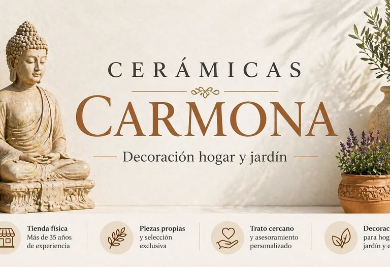 Cerámicas Carmona banner featuring a stone Buddha statue, ceramic pots, and Mediterranean home garden decor.