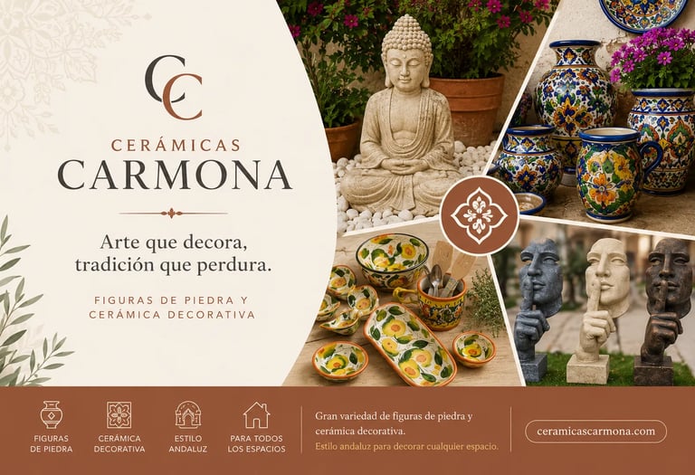 Hand-painted Andalusian ceramic pottery and stone Buddha statues from Cerámicas Carmona.