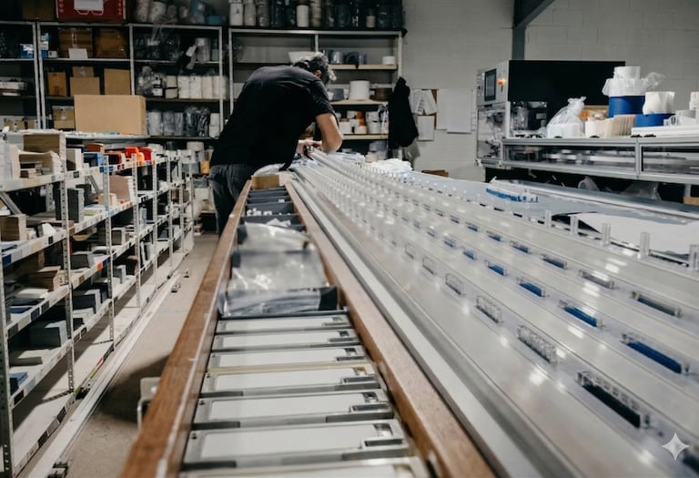 A worker assembling products on a long industrial production line in a manufacturing warehouse.
