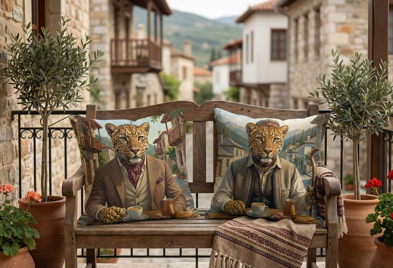 Custom leopard cushions on a rustic balcony bench in a Mediterranean village.