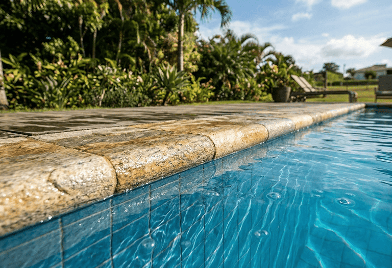 borda e degrau boleado de pedra são tomé amarela/branca, em escada e piscina, não esquenta/escorrega