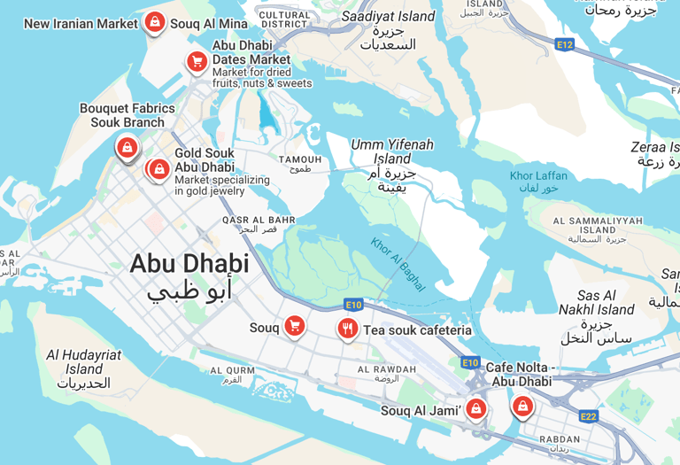 Kaart van Abu Dhabi met locaties van souks | souqs