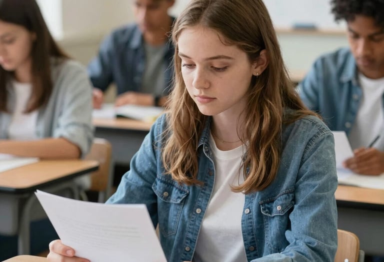 A cheerful nurse studying with colorful notes and a laptop in a cozy home setting.