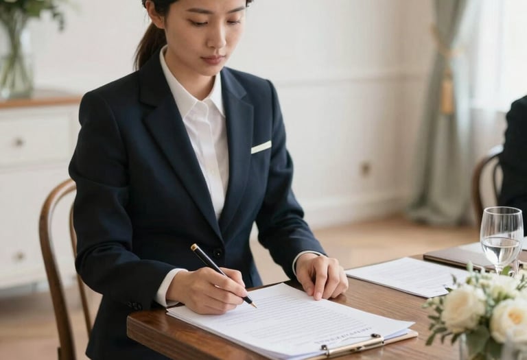 Elegant event coordinator managing a wedding day timeline with calm professionalism.