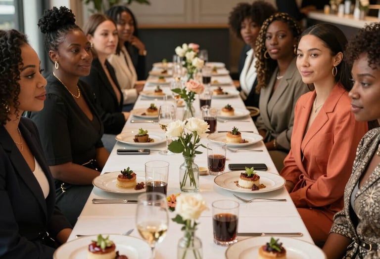 A cinematic shot of diverse women entrepreneurs collaborating in a stylish, modern workspace with bold lighting.