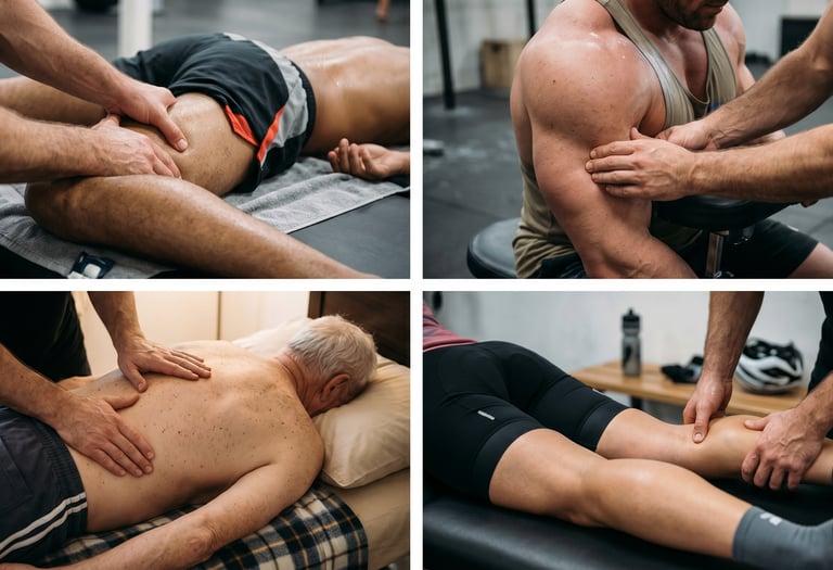 Four-panel collage showing targeted sports massage therapy treatments for active athletes.