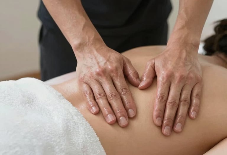 Male sports massage therapist applying maintenance strokes to a female client's back.