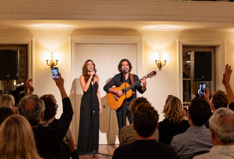 A refined duo performing softly in an intimate hotel lounge bathed in warm golden light.