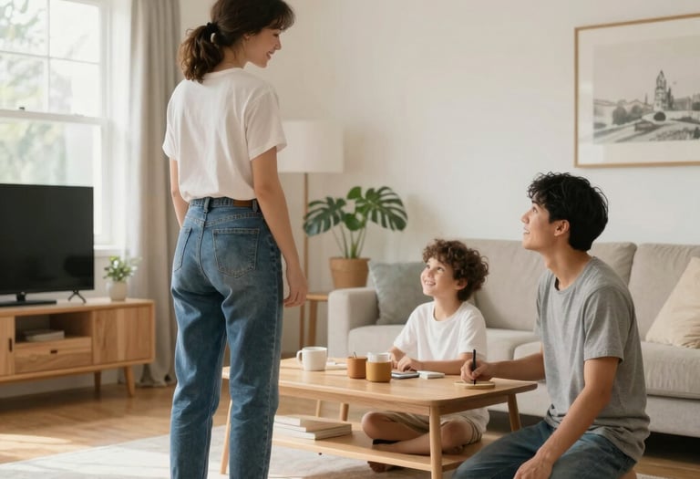 A happy family relaxing together in a bright, modern living room with minimalist wooden furniture.